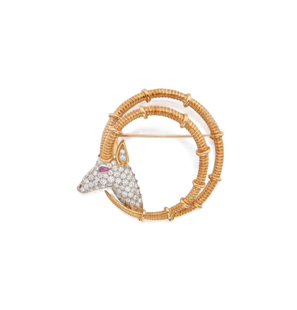 View full screen - View 1 of Lot 484. Schlumberger for Tiffany & Co. | Gold, Diamond and Ruby 'Ibex' Brooch.