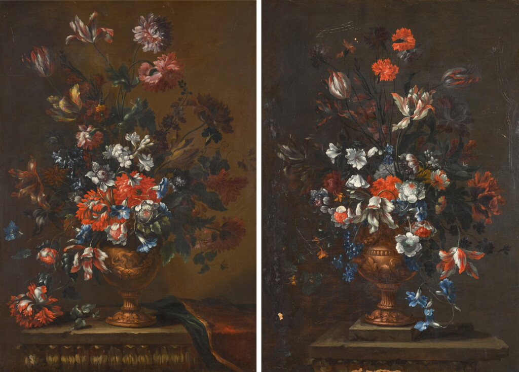 View full screen - View 1 of Lot 90. Still life of flowers in a carved urn on a stone ledge; still life of flowers in a carved urn on a stone ledge draped with a red and green cloth.