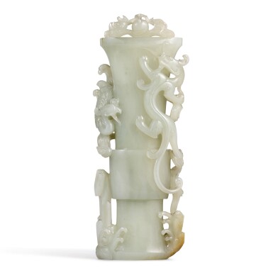 View full screen - View 1 of Lot 242. A PALE CELADON JADE 'DRAGON AND PHOENIX' GU VASE, QING DYNASTY, QIANLONG PERIOD | 清乾隆 青白玉龍鳳呈祥紋觚.