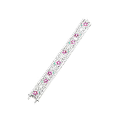 View full screen - View 1 of Lot 793. Ruby, emerald and diamond bracelet, mid-20th century.