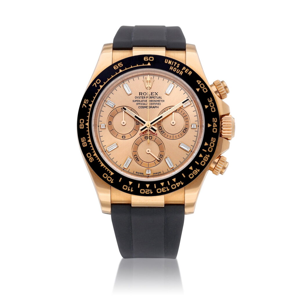 View full screen - View 1 of Lot 8035. Cosmograph Daytona, Reference 116515 | An Everose gold and diamond-set chronograph wristwatch, Circa 2015 | 勞力士 | Cosmograph Daytona 型號116515 | 永恆玫瑰金鑲鑽石計時腕錶,約2015年製.