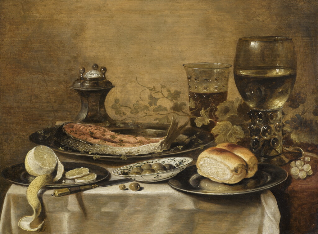 View full screen - View 1 of Lot 43. PIETER CLAESZ | Still life with a roemer, olives, a half-peeled lemon, bread rolls and fish on pewter plates, all on a table draped with a white cloth.