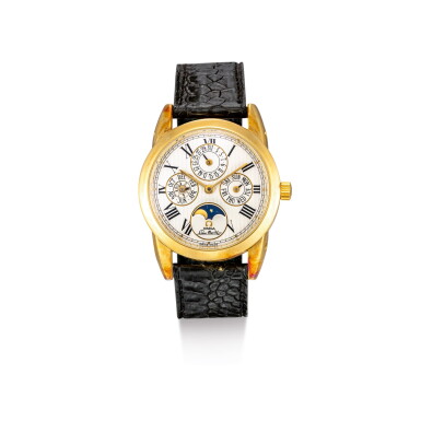 View full screen - View 1 of Lot 2009. OMEGA | LOUIS BRANDT, REFERENCE 1750300, A YELLOW GOLD PERPETUAL CALENDAR WRISTWATCH WITH MOON PHASES AND LEAP YEAR INDICATION, CIRCA 1995 | 奧米茄 | "Louis Brandt 型號1750300 黃金萬年曆腕錶,備月相及閏年顯示,機芯編號QL342,約1995年製".