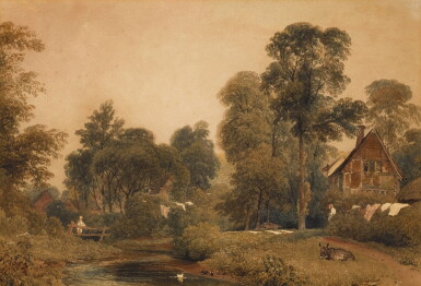 View full screen - View 1 of Lot 199. A village amongst trees with a washerwoman and a donkey.