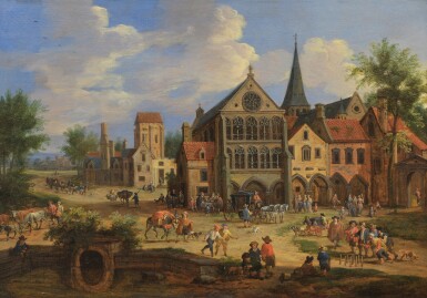View full screen - View 1 of Lot 314. Village Scene with Peasants Playing Skittles in Front of a Church.