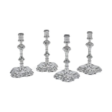 View full screen - View 1 of Lot 608. A SET OF FOUR GEORGE II SILVER TABLE CANDLESTICKS, ANNE CRAIG & JOHN NEVILLE, LONDON, 1740.