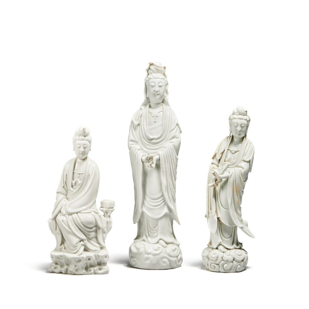 View full screen - View 1 of Lot 91. Three 'Dehua' figures of Guanyin, Qing dynasty, 18th / 19th century.