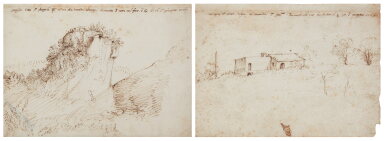View full screen - View 1 of Lot 201. Two landscape drawings: A) A rocky outcrop with trees, with an additional sketch (verso) B) Farm buildings in a landscape.