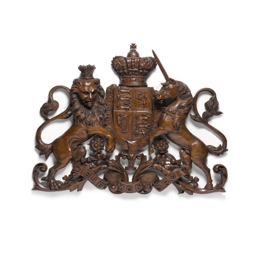 View full screen - View 1 of Lot 222. A Victorian carved oak British Royal coat of arms, second half 19th century.