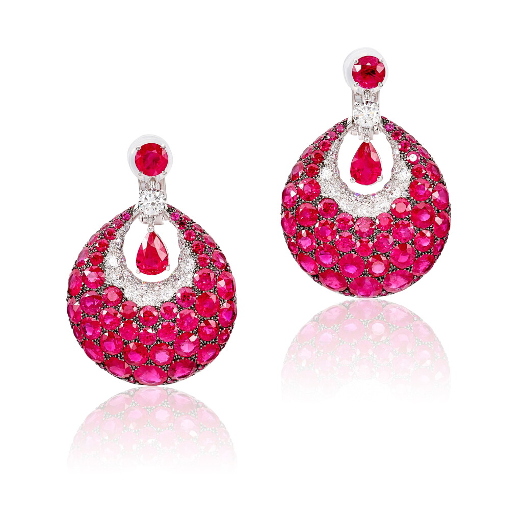 View full screen - View 1 of Lot 1629. 'Bombé Classic' Pair of Ruby and Diamond Pendent Earrings | 格拉夫 | 'Bombé Classic' 紅寶石 配 鑽石 耳墜一對.