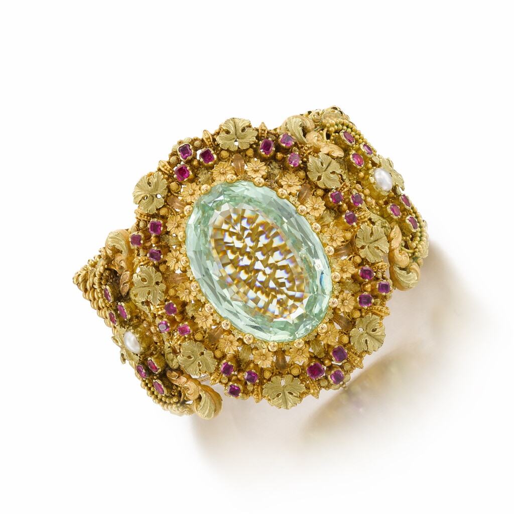 View full screen - View 1 of Lot 197. An aquamarine, pearl, ruby bracelet, circa 1840.