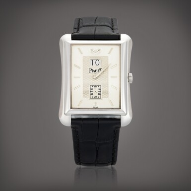 View full screen - View 1 of Lot 8663. Emperador, Reference 1600 | A limited edition white gold jumping hour wristwatch with power reserve indication, Circa 2000 | 伯爵 | Emperador 型號1600 | 限量版白金跳時腕錶,備動力儲備顯示,約2000年製.