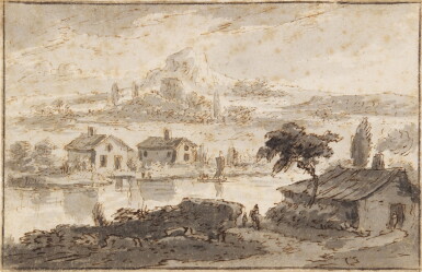 View full screen - View 1 of Lot 53. Italianate landscape with houses by a river and hills behind.