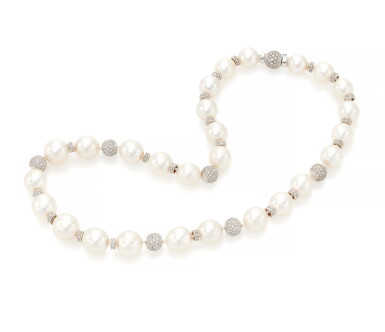 View full screen - View 1 of Lot 114. CULTURED PEARL AND DIAMOND NECKLACE (COLLANA CON PERLE COLTIVATE E DIAMANTI) .