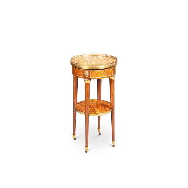 View full screen - View 1 of Lot 290. A Louis XVI gilt-bronze mounted amaranth and yellow bloodwood veneered table, circa 1780, attributed to RVLC | Table en satiné jaune, amarante et bronze doré d'époque Louis XVI, vers 1780, attribuée à RVLC.