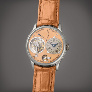 View full screen - View 1 of Lot 95. Tourbillon Souverain à Remontoir d'Égalité | A platinum tourbillon wristwatch with constant force remontoir, power reserve indication and brass movement | Circa 2001.