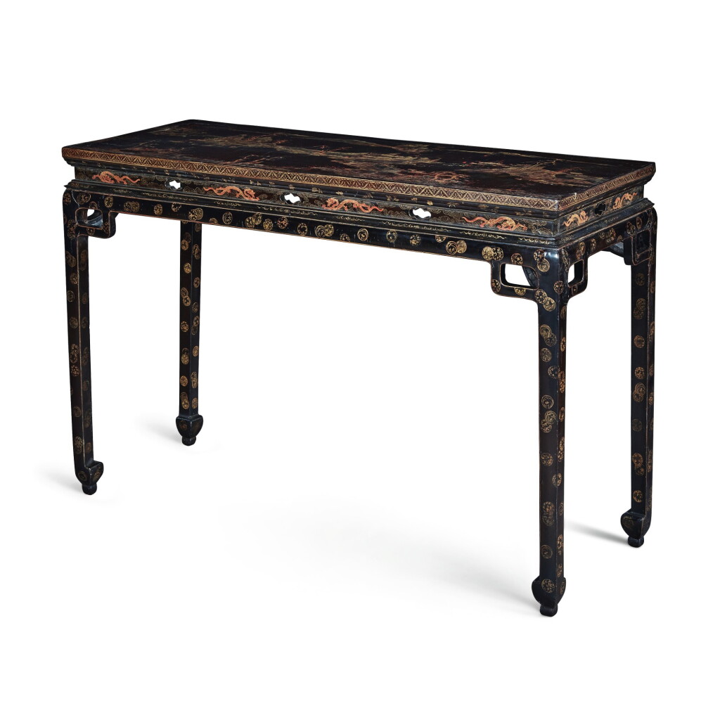 View full screen - View 1 of Lot 172. A RARE GILT-DECORATED AND PAINTED BLACK LACQUER SIDE TABLE, TIAOZHUO, QING DYNASTY, YONGZHENG PERIOD | 清雍正 黑漆描金山水樓閣圖條案.