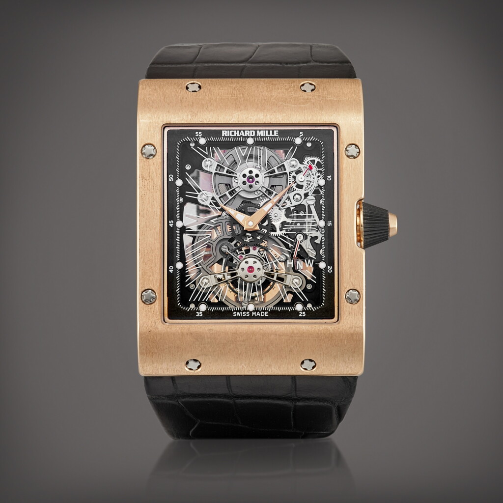 View full screen - View 1 of Lot 2179. Reference RM017 | A pink gold skeletonised tourbillion wristwatch with power reserve indication, Circa 2011 | Richard Mille | 型號RM017 | 粉紅金鏤空陀飛輪腕錶,備動力儲備顯示,約2011年製.