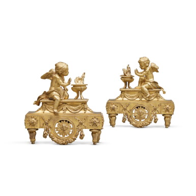 View full screen - View 1 of Lot 337. A Pair of Louis XVI Gilt Bronze Figural Chenets, Allegorical for Winter , Circa 1780 .