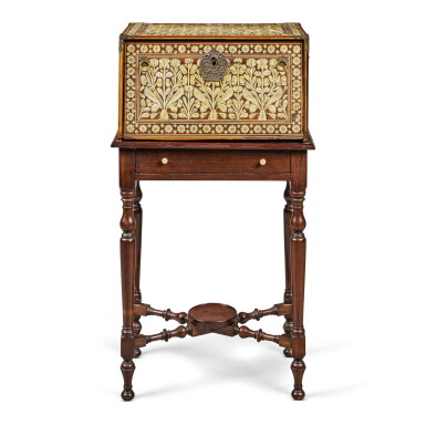 Voir en plein écran - Voir 1 du lot 301. An Indo Portuguese Pen Engraved Bone Marquetry Walnut Cabinet, First Half 17th Century.