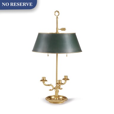 View full screen - View 1 of Lot 46. A DIRECTOIRE STYLE GILT BRONZE THREE-LIGHT BOUILLOTTE LAMP.