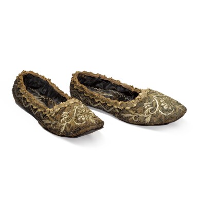View full screen - View 1 of Lot 149. A pair of embroidered Ottoman slippers, Turkey, 18th or early 19th century.