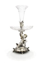 A SILVER-PLATED BRONZE AND ENGRAVED CRYSTAL CENTREPIECE, CHRISTOFLE, PARIS, 1872/1873 | CENTRE DE TABLE PORTE-CORNET À L'ENFANT "BOURET" EN BRONZE ARGENTÉ ET CRISTAL GRAVÉ PAR CHRISTOFLE, PARIS, 1872-1873