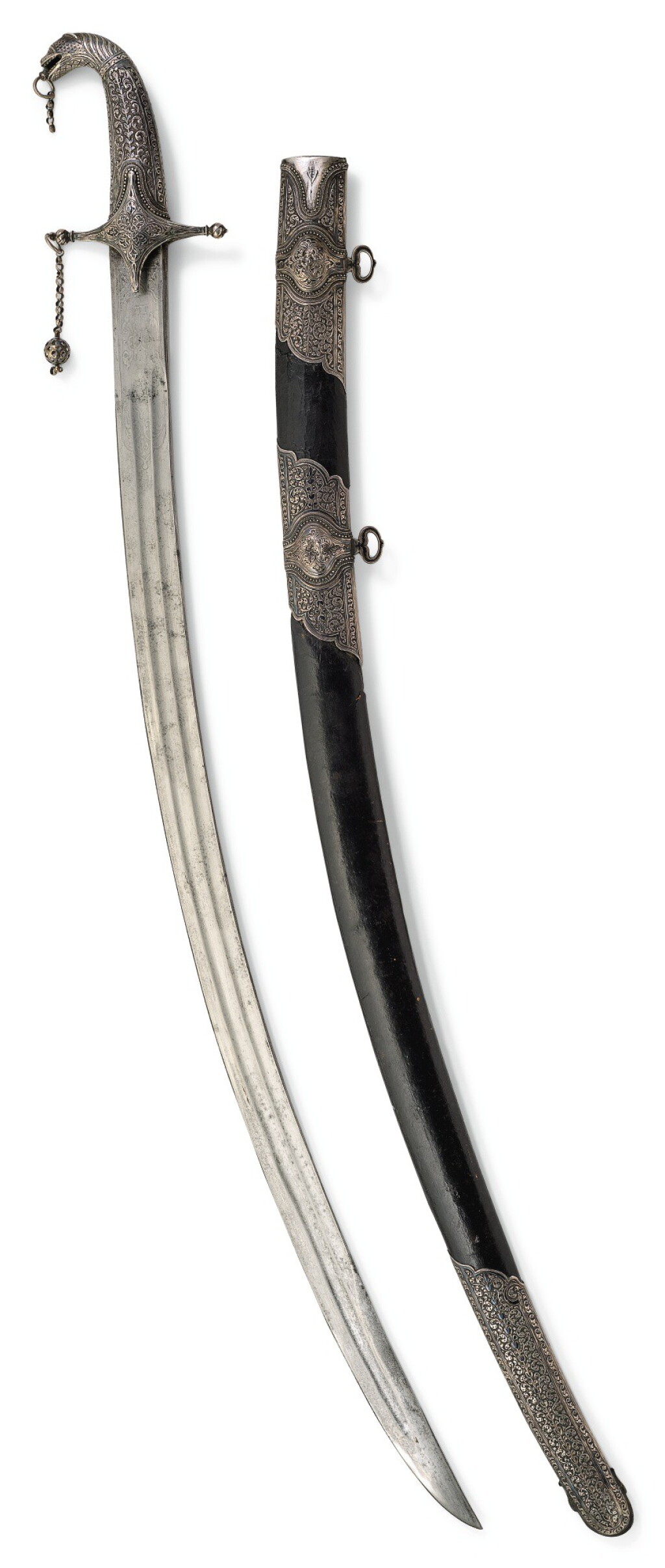 View full screen - View 1 of Lot 215. A CAUCASIAN SILVER-HILTED SWORD AND SCABBARD, DAGESTAN, PROBABLY KUBACHI, LATE 19TH/ EARLY 20TH CENTURY.