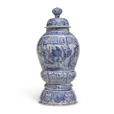 View full screen - View 1 of Lot 90. A German fayence blue and white chinoiserie vase and cover, circa 1720, Gerhard Wolbeer's factory, Berlin.