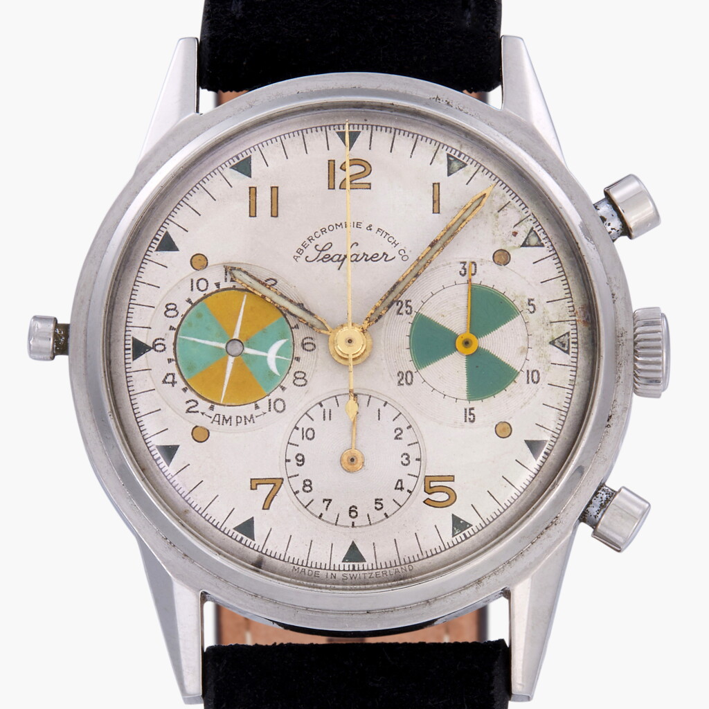 View full screen - View 1 of Lot 82. Retailed by Abercrombie & Fitch: Seafarer, Reference 2443 | A stainless steel chronograph wristwatch with tide indication | Circa 1955.