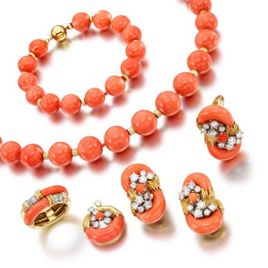 View full screen - View 1 of Lot 171. Kutchinksy | Coral and diamond demi-parure and a coral and diamond ring, circa 1970 || Coral necklace and bracelet.