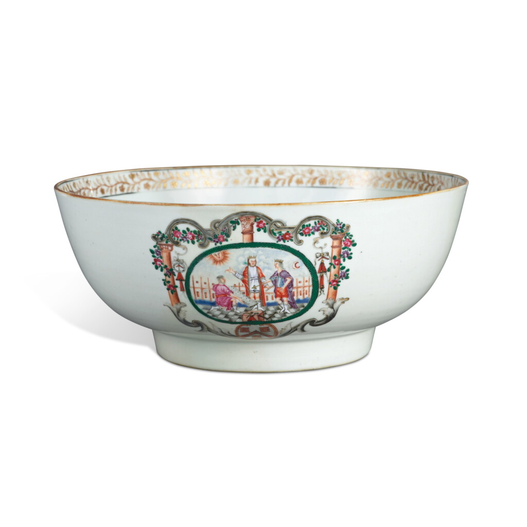 View full screen - View 1 of Lot 61. A Rare Chinese Export Famille-Rose 'Masonic' Armorial Punch Bowl, Qing Dynasty, Qianlong Period, Circa 1780 | 清乾隆 約1780年 粉彩共濟會圖大盌.
