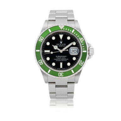 View full screen - View 1 of Lot 553. ROLEX | 'KERMIT FLAT 4' SUBMARINER, REF 16610LV STAINLESS STEEL WRISTWATCH WITH DATE AND BRACELET CIRCA 2004.