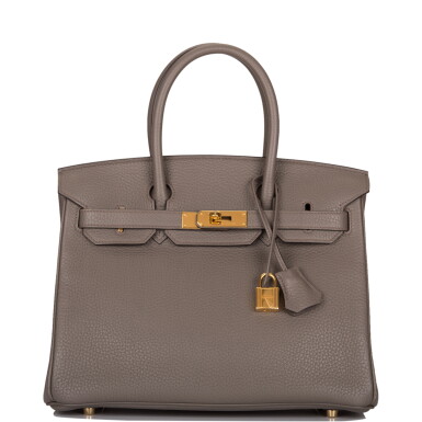 View full screen - View 1 of Lot 71. Hermès Gris Etain Birkin 30cm of Clemence Leather with Gold Hardware.