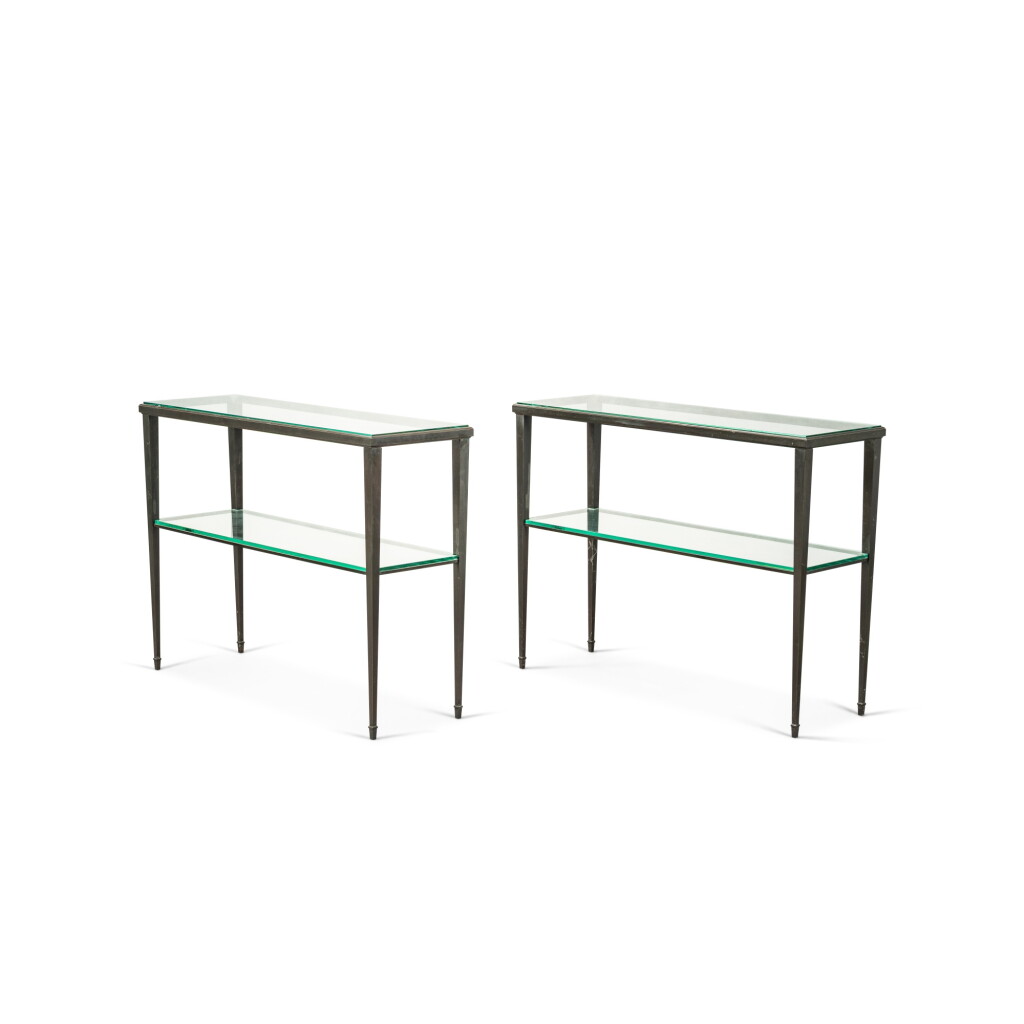 View full screen - View 1 of Lot 93. A pair of patined iron and glass consoles, French work.