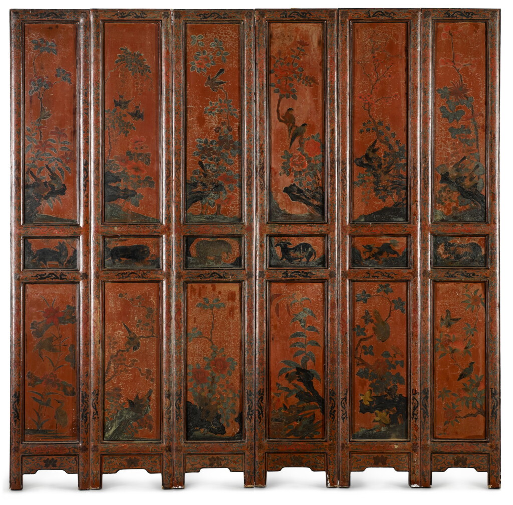 View full screen - View 1 of Lot 154. A Chinese Export red lacquer six-fold screen, 19th century.