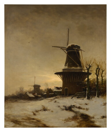 View full screen - View 1 of Lot 8. CONSTANT ARTZ | A WINDMILL AND A VILLAGE ON THE EDGE OF A SNOWY MEADOW.