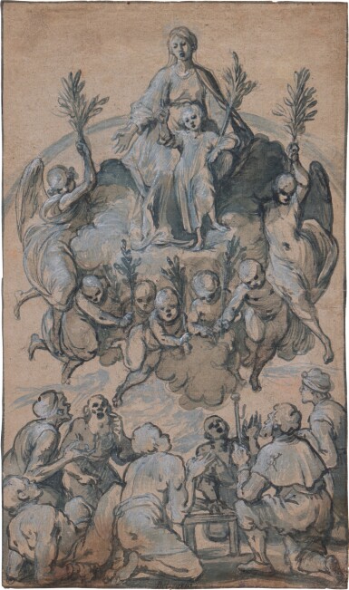 View full screen - View 1 of Lot 42. The Virgin, surrounded by seven Angels holding branches, appearing to seven men.