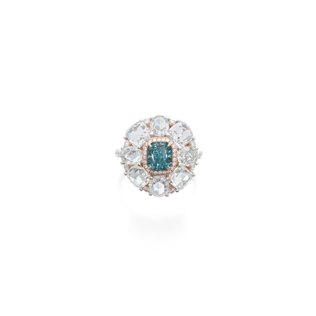 View full screen - View 1 of Lot 86. Fancy Vivid Green-Blue Diamond, Colored Diamond and Diamond Ring.
