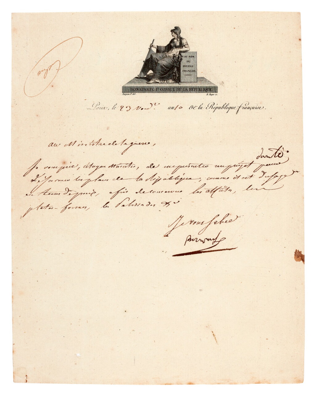 View full screen - View 1 of Lot 78. Napoleon I | letter signed, to the Minister of War, 1801.