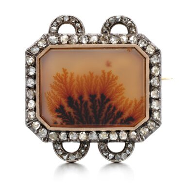 View full screen - View 1 of Lot 1287. A jewelled silver-topped gold and dendritic agate brooch, probably St Petersburg, circa 1900.