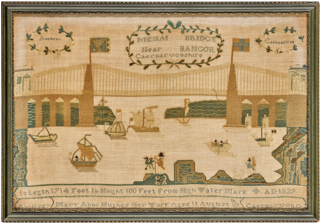 View full screen - View 1 of Lot 82. A needlework of Menai Bridge, Anglesey by Mary Anne Hughes, age 11, dated 10th August 1827.