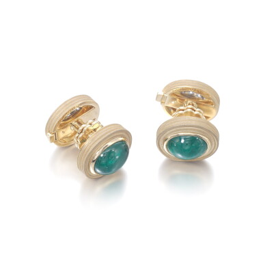 View full screen - View 1 of Lot 1076. Pair of emerald and diamond cufflinks.