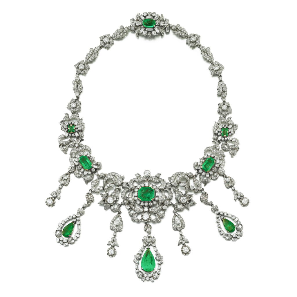 View full screen - View 1 of Lot 70. Emerald and diamond necklace .