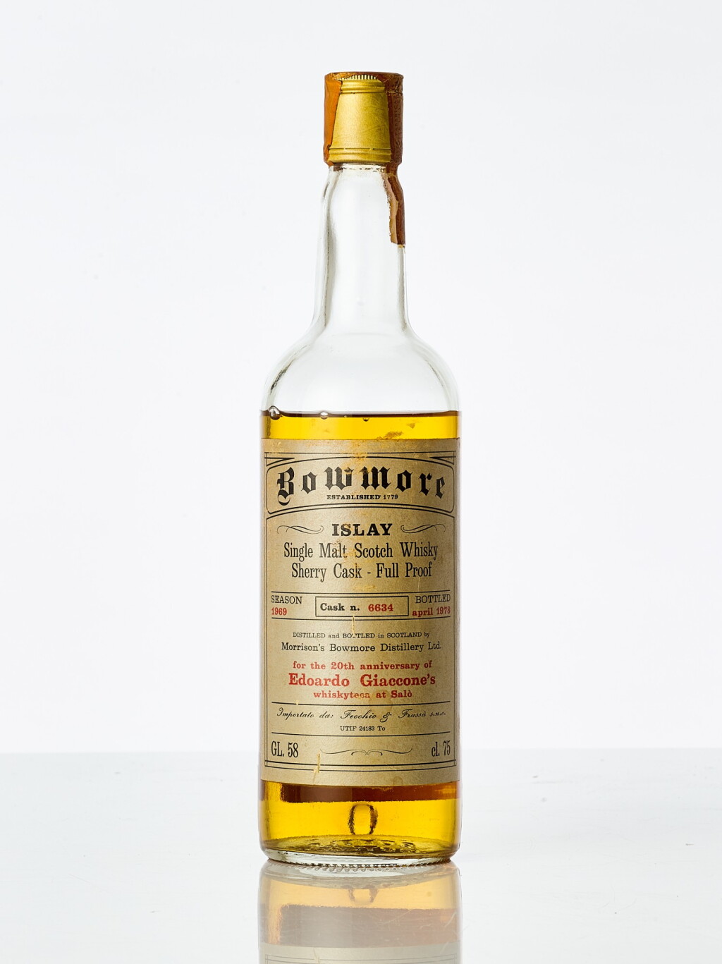 View full screen - View 1 of Lot 5017. Bowmore Cask #6634 for Edoardo Giaccone 58.0 abv 1969 (1 BT75).