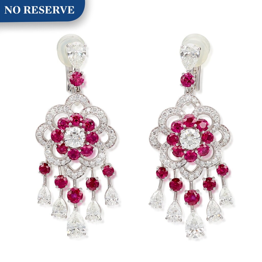 View full screen - View 1 of Lot 1098. 'Rosette' Pair of Ruby and Diamond Pendent Earrings | 格拉夫| 'Rosette' 紅寶石 配 鑽石 耳墜一對 (紅寶石及鑽石共重約6.60及8.70克拉).