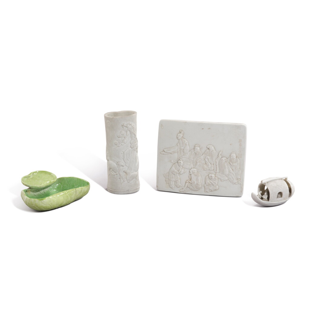 View full screen - View 1 of Lot 3312. Four small ceramics, signed Chen Guozhi, Qing dynasty, Daoguang period | 清道光 素胎及綠釉瓷器四件 《陳國治作》款.