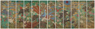 View full screen - View 1 of Lot 288. An exceptional twelve-panel painted 'bird and flower' silk screen, Qing dynasty, 17th Century | 清十七世紀 彩繪百鳥朝鳳圖十二扇大畫屏.