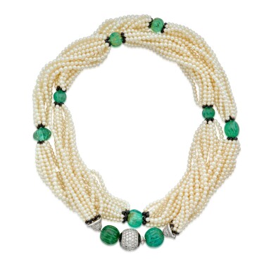 View full screen - View 1 of Lot 68. Cultured Pearl, Emerald, Onyx, Diamond and Enamel Sautoir.