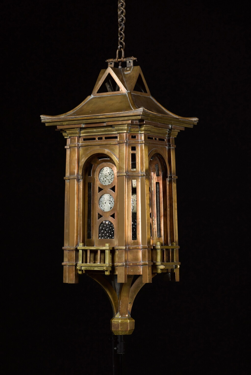 View full screen - View 1 of Lot 142. AN AESTHETIC PERIOD BRONZE, BRASS AND JADE MOUNTED HALL LANTERN, ENGLISH, CIRCA 1870, THE DESIGN ATTRIBUTED TO E. W. GODWIN (1833-1886).